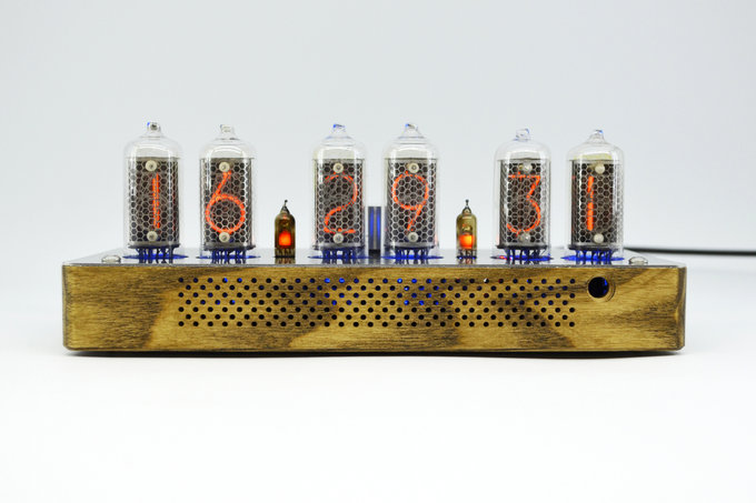 Nixie clock in perforated wooden enclosure